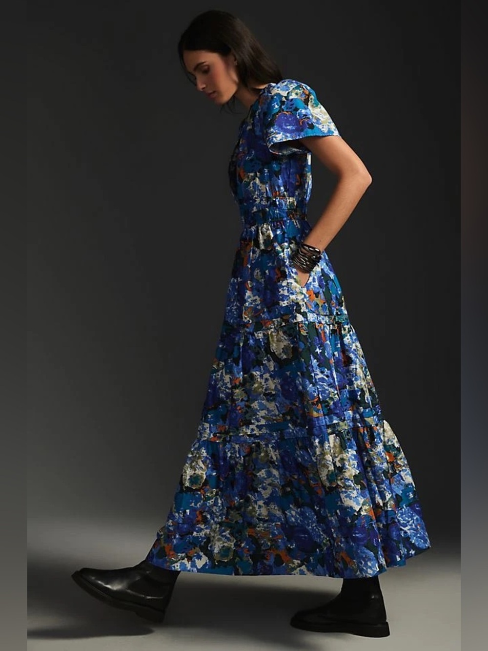 Anthropologie The Somerset Maxi Dress Blue Orange Abstract Floral Smocked Large
